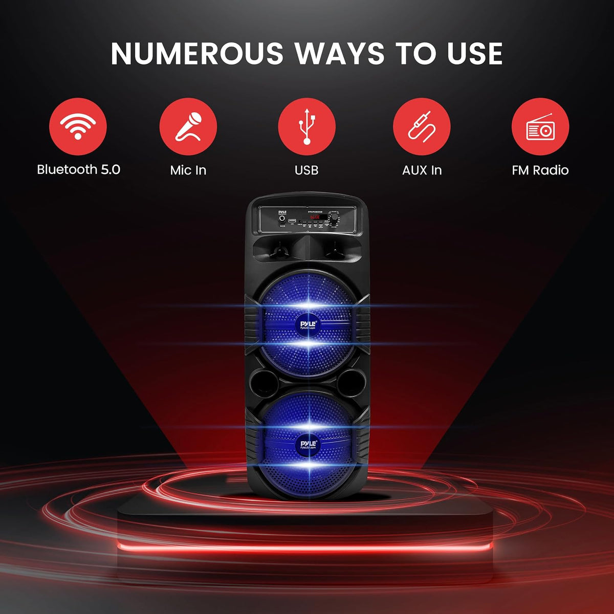 Portable Bluetooth Speaker System W/Dual 8” Subwoofers 1”Tweeters, Party Lights
