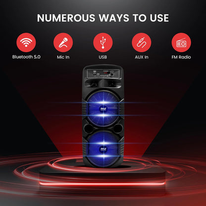 Portable Bluetooth Speaker System W/Dual 8” Subwoofers 1”Tweeters, Party Lights