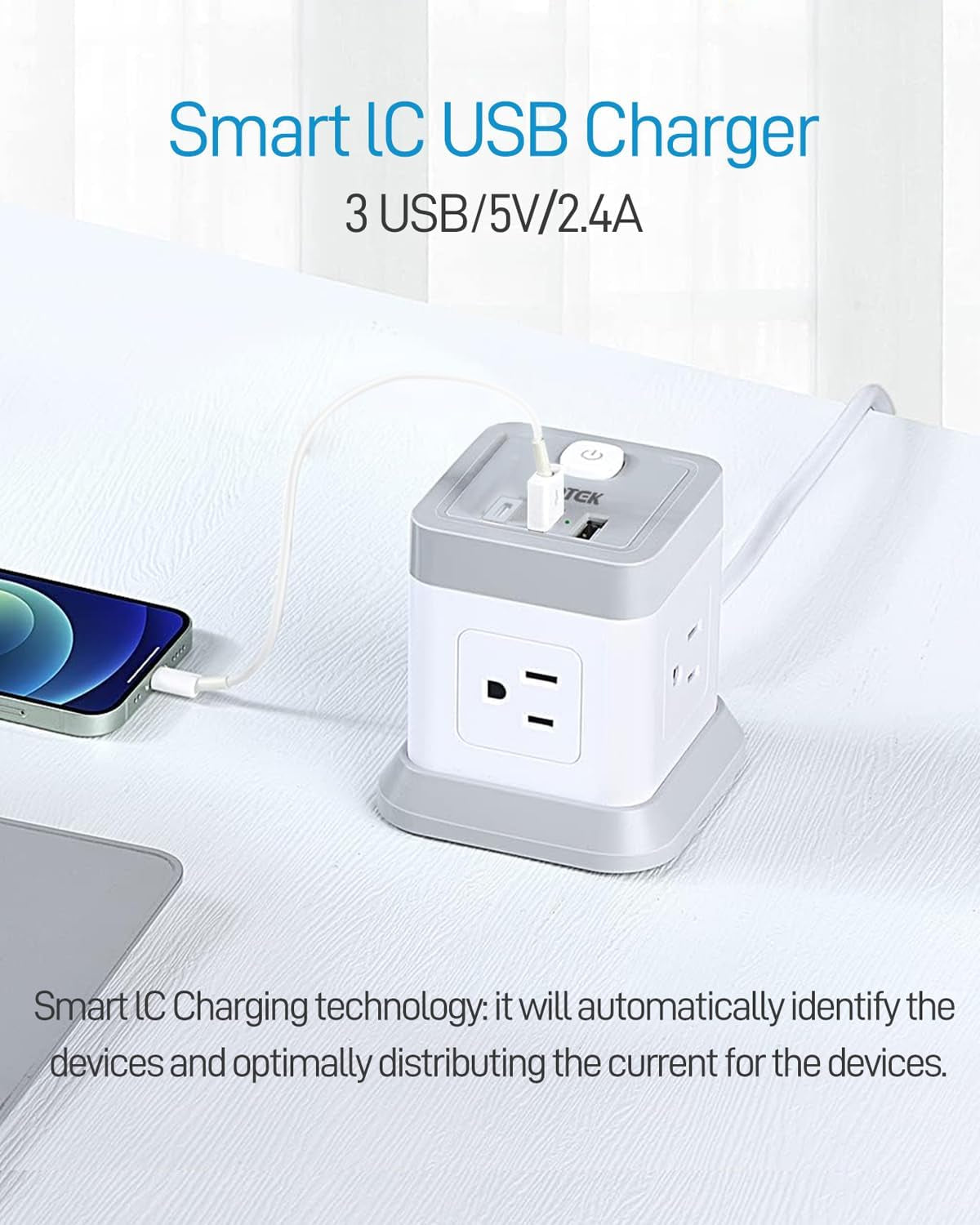 Power Strip USB C, 4 Outlets 3 USB Ports 5 FT Extension Cord (White)