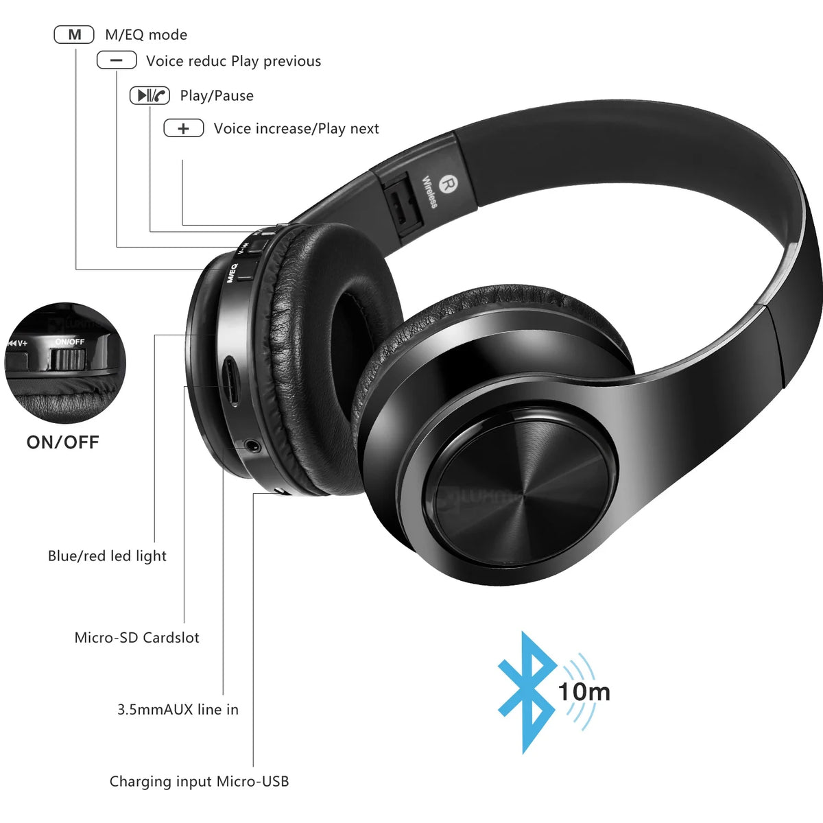 LUXMO Foldable Wireless Noise Cancelling Headphones with Mic