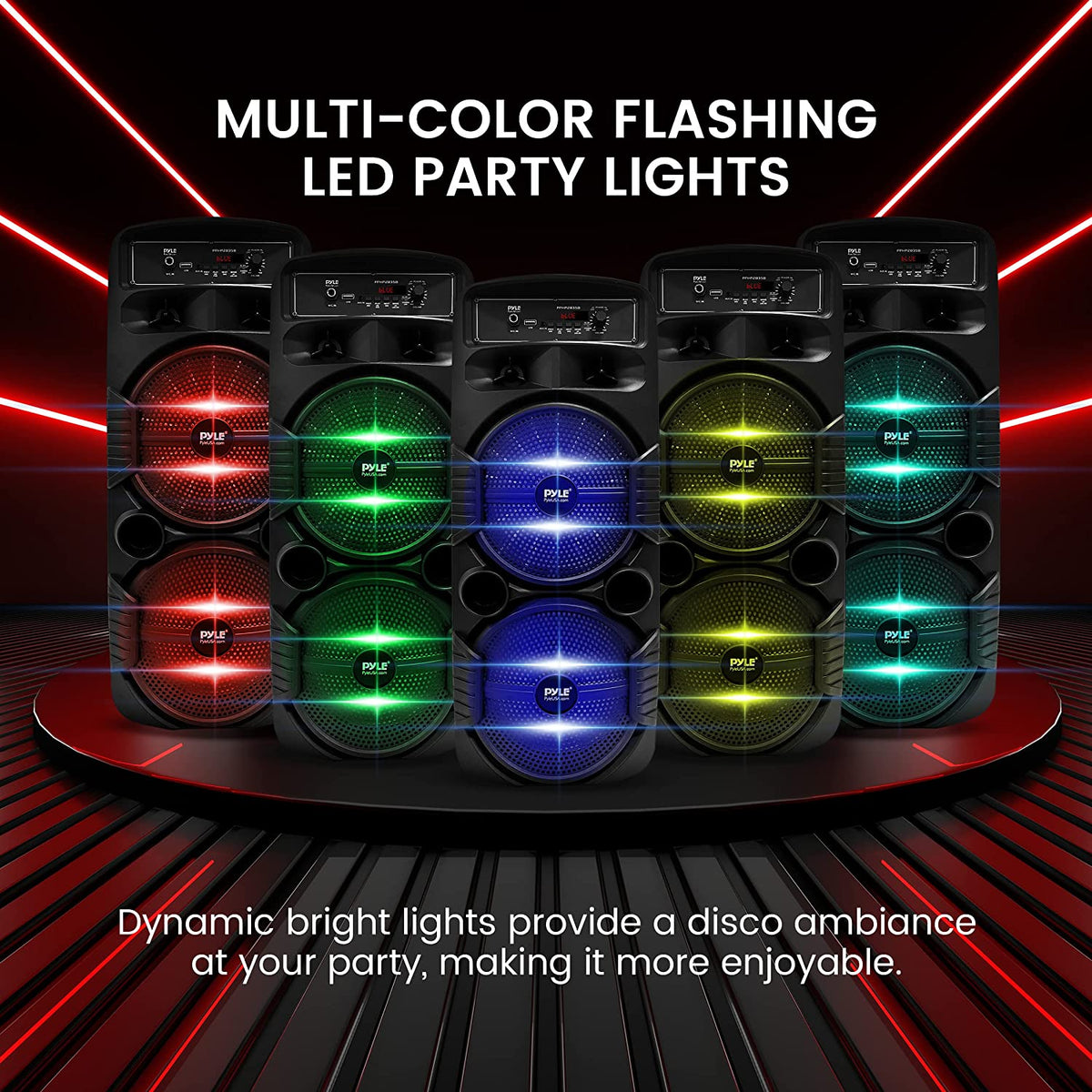 Portable Bluetooth Speaker System W/Dual 8” Subwoofers 1”Tweeters, Party Lights