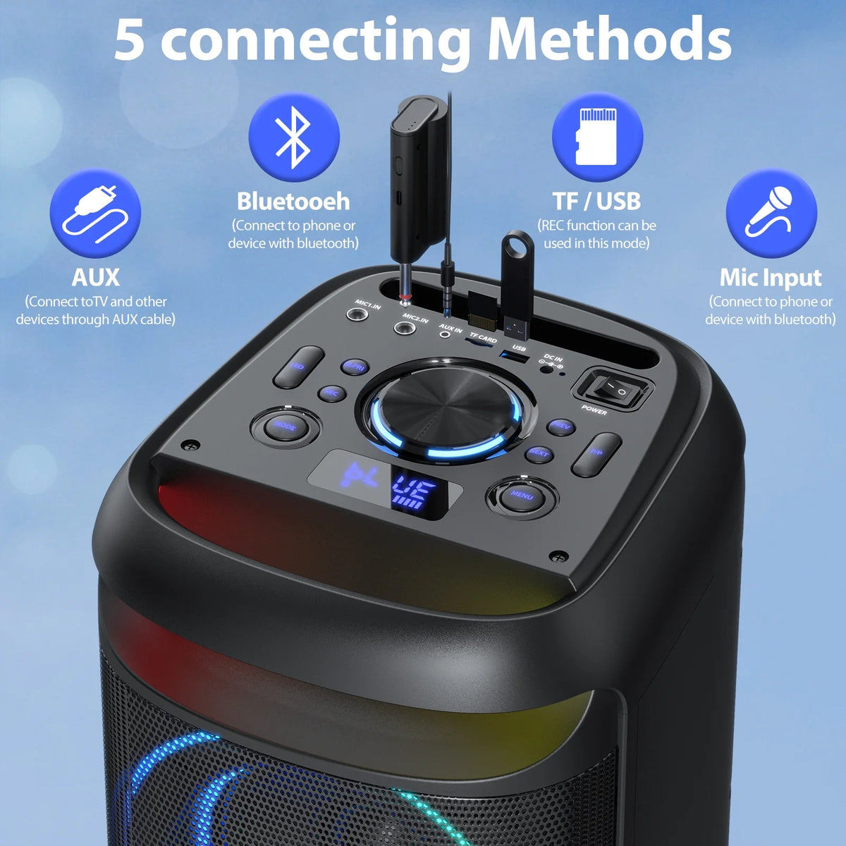 Large Bluetooth Speaker with Dazzling Rgb Lights with a Remote, Two 6.5'' Subwoofers, Powerful TWS Sound