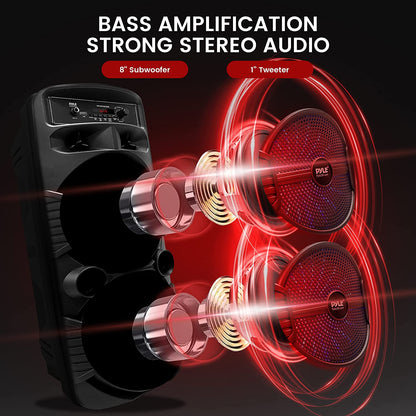 Portable Bluetooth Speaker System W/Dual 8” Subwoofers 1”Tweeters, Party Lights