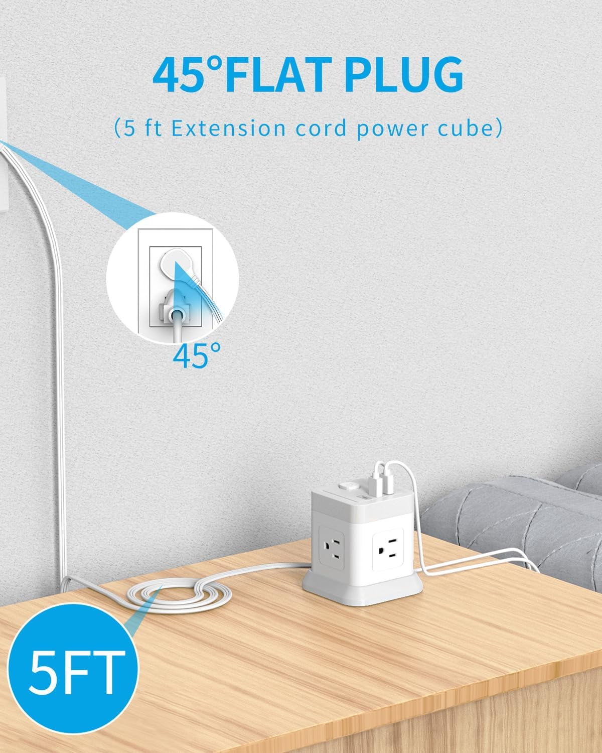 Power Strip USB C, 4 Outlets 3 USB Ports 5 FT Extension Cord (White)