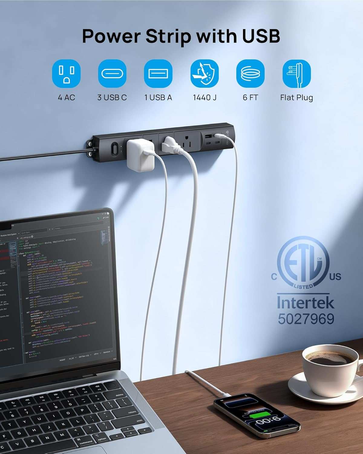 Wall Mount Surge Protector Power Strip with USB C Ports