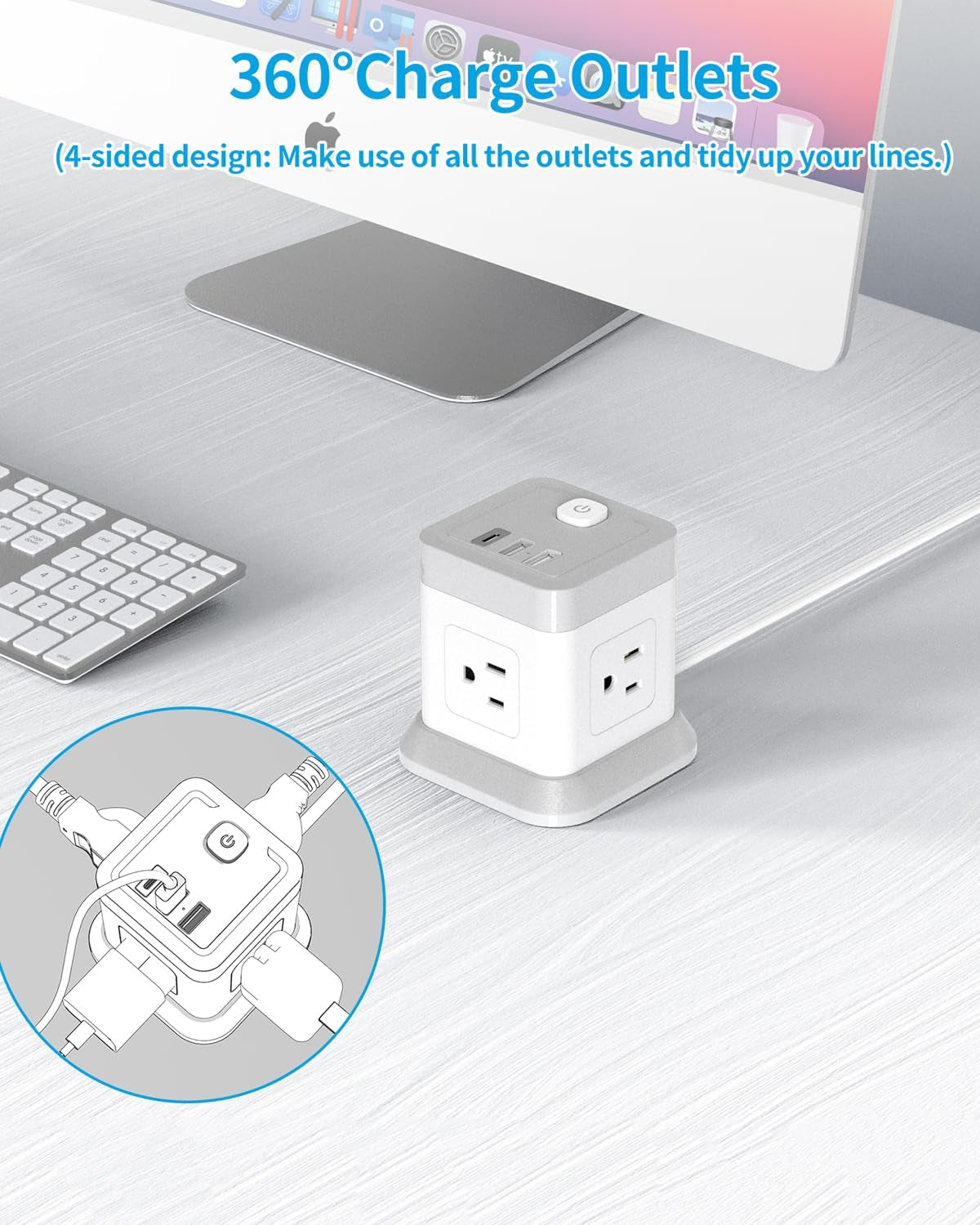 Power Strip USB C, 4 Outlets 3 USB Ports 5 FT Extension Cord (White)