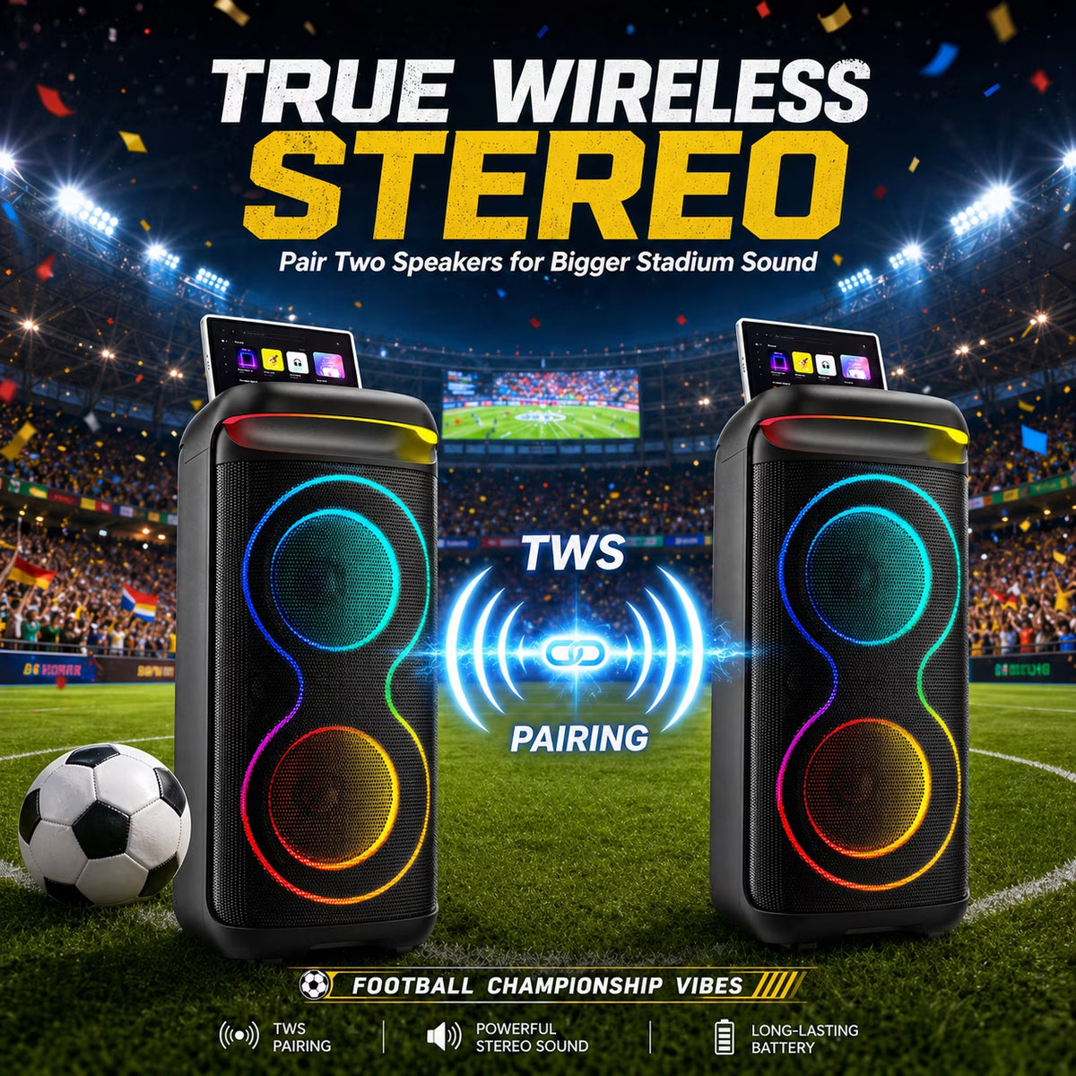 Large Bluetooth Speaker with Dazzling Rgb Lights with a Remote, Two 6.5'' Subwoofers, Powerful TWS Sound