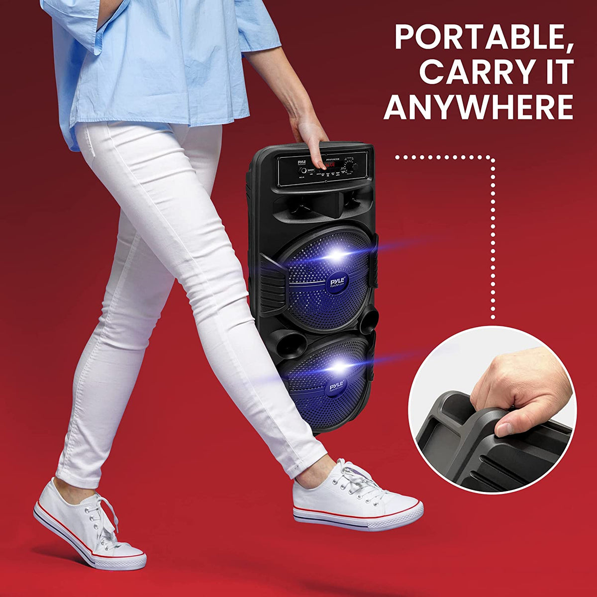 Portable Bluetooth Speaker System W/Dual 8” Subwoofers 1”Tweeters, Party Lights