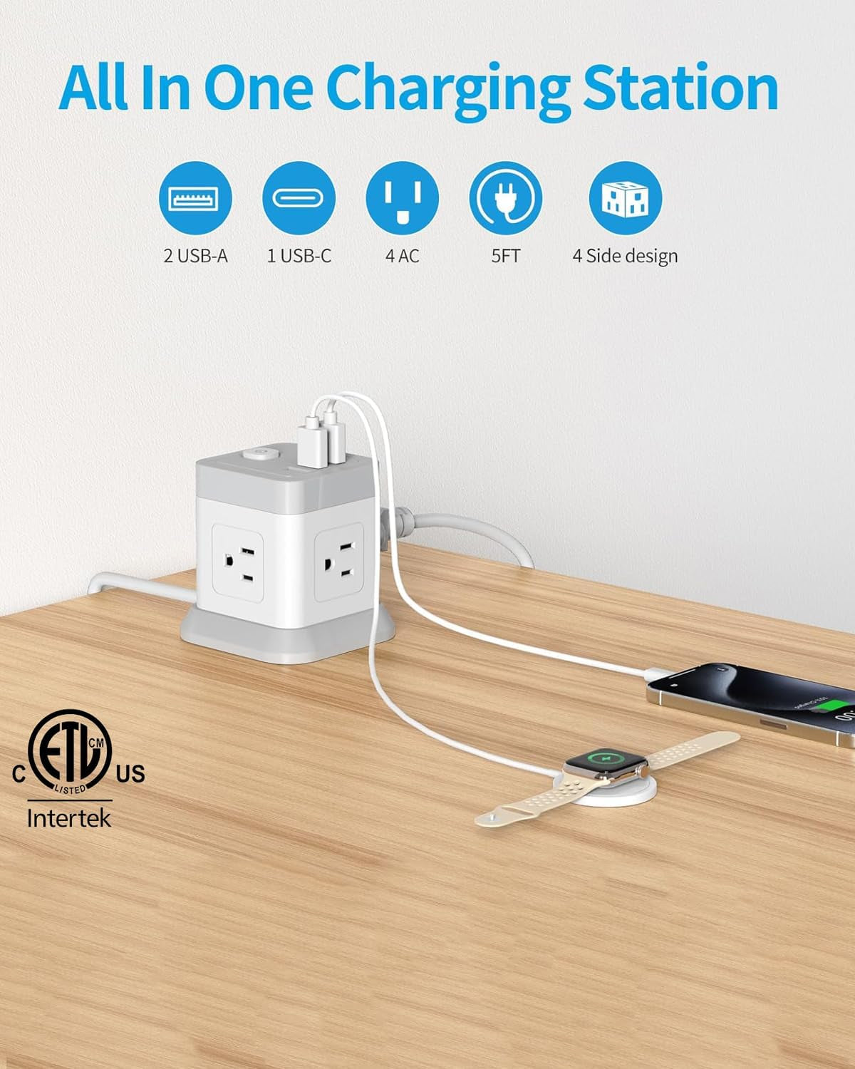 Power Strip USB C, 4 Outlets 3 USB Ports 5 FT Extension Cord (White)
