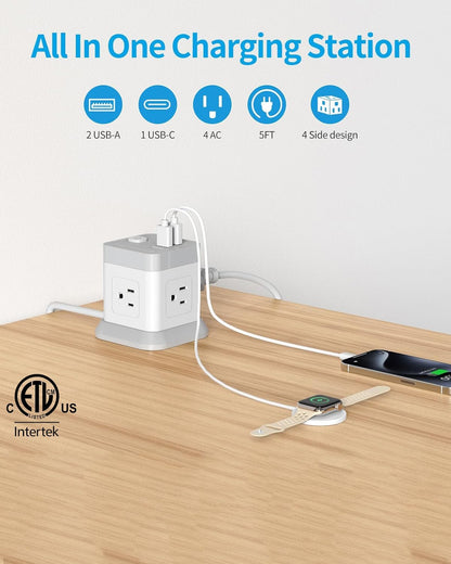 Power Strip USB C, 4 Outlets 3 USB Ports 5 FT Extension Cord (White)