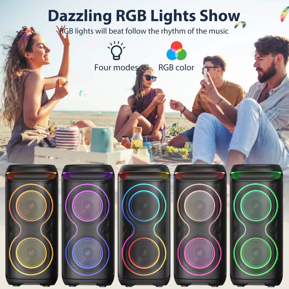 Large Bluetooth Speaker with Dazzling Rgb Lights with a Remote, Two 6.5'' Subwoofers, Powerful TWS Sound