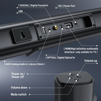 Sound Bar with Subwoofer, 120W Separable Sound Bar for TV, 2-In-1 Detachable Sound Bar with Usb/Aux/Coaxial/Optical/Hdmi/Bluetooth